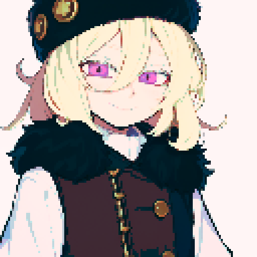 Solo male with perfect anatomy, straight-on, inframe, facing viewer, with round pupils, light blonde hair between eyes, wearing an ushanka hat with a black fur collar, a black vest, puffy sleeves, and black elbow gloves, his light pink eyes looking at the viewer, smile, in a pixel art style with sRGB colors, half closed eyes, best quality, stylised chibi,