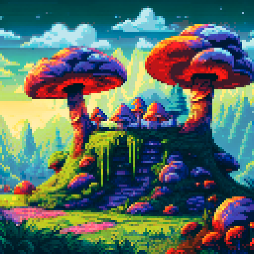 fantasy mushroom hut with fairies flying, whimsical pastel-colored leaves, light shining through trees, landscape
