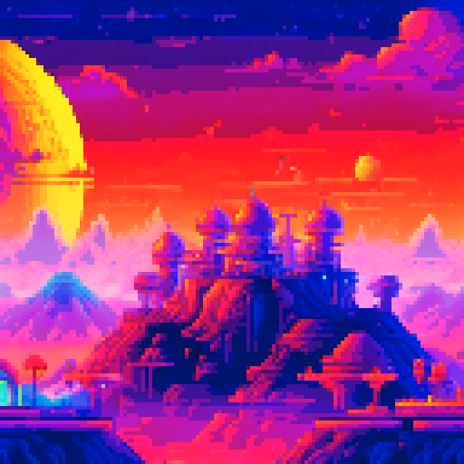 Huge, cylindrical space station orbiting a purple gas giant with electric storms, featuring a sprawling landscape of domes, solar panels, and antennae in retro-futuristic pixel art style against a starry sRGB background