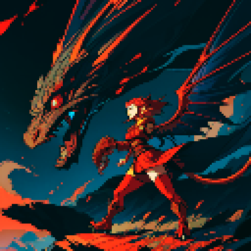 red dragon, fiery scales, sharp claws, fierce expression, towering presence, detailed pixel art, vibrant colors, textured scales, intricate patterns, glowing eyes, majestic wings, powerful tail, smoke billowing from nostrils