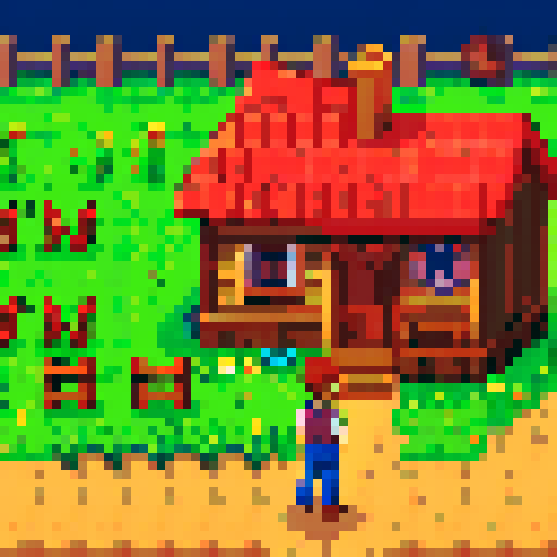 Stardew valley style, main character sprite, 32 pixel high x 16 pixels wide, brown hair, blue eyes, front view, side, view, rear view, and walking animation positions in all directions. 