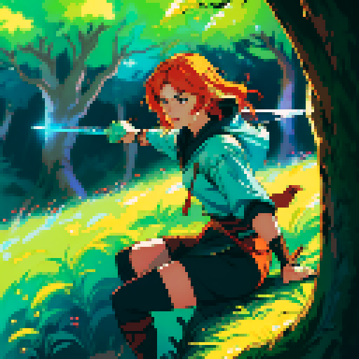 female swordsman, fiery-haired, wielding a luminous blade, poised at cliff's edge, gazing upon a lush woodland, with an extraterrestrial world adorning the sky, all rendered in vibrant pixel art, embracing the sRGB color palette