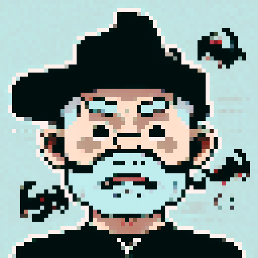 Fisherman grandpa, weathered face, wrinkled skin, salt and pepper beard, intense gaze, bushy eyebrows, fishing hat, worn-out fishing vest, suspenders, pipe in mouth, fishing rod in hand, anime-style, pixel art