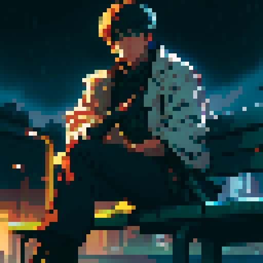 Sci-fi male gunslinger sitting on a bench waiting for the rain to stop