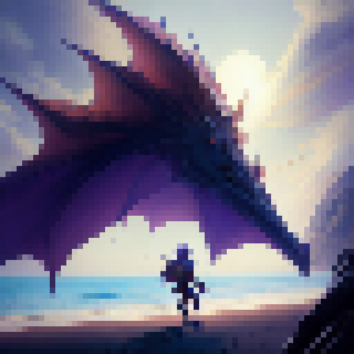 "Beach-bound boy, adorned in armor and wielding a glowing sword, gazes longingly at the shimmering sea as a majestic dragon soars overhead in the vibrant, otherworldly landscape of a fantasy RPG."