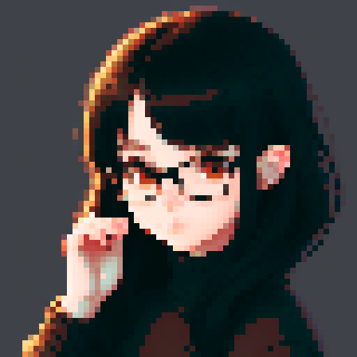 portrait, sprite art, young shy woman, cozy, cute, dark hair, dark eyes, neutral, curious, autistic, nerd