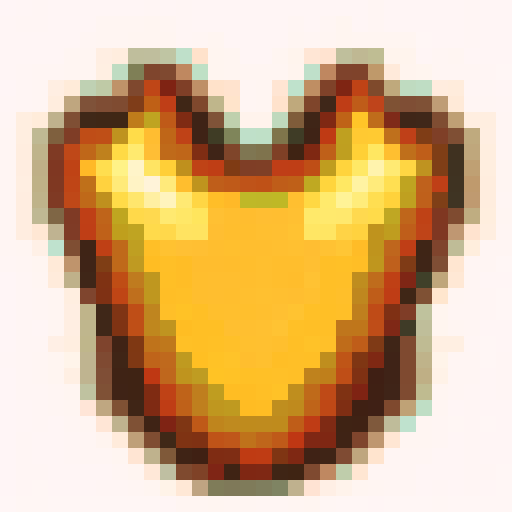 Flaming red and orange hues, sharp metallic edges, intricate engravings on a game-icon sized chestplate, skillfully rendered in 32x32 pixel art with sRGB color, showcasing a close-up portrait of the fiery armor