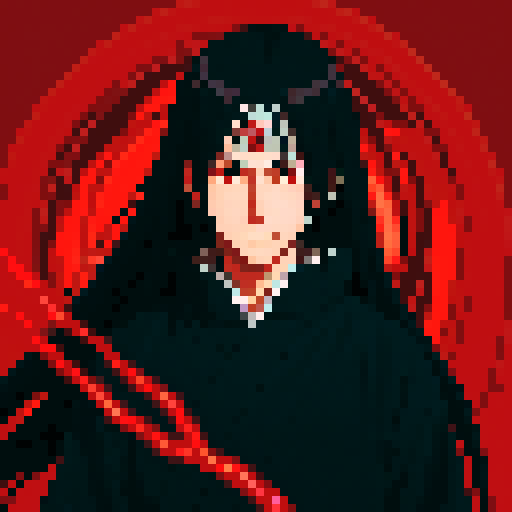 Itachi's mesmerizing, crimson Uchiha eyes radiating an intense red glow, surrounded by a mysterious black aura, evoke the enchanting visuals of a fantastical RPG character