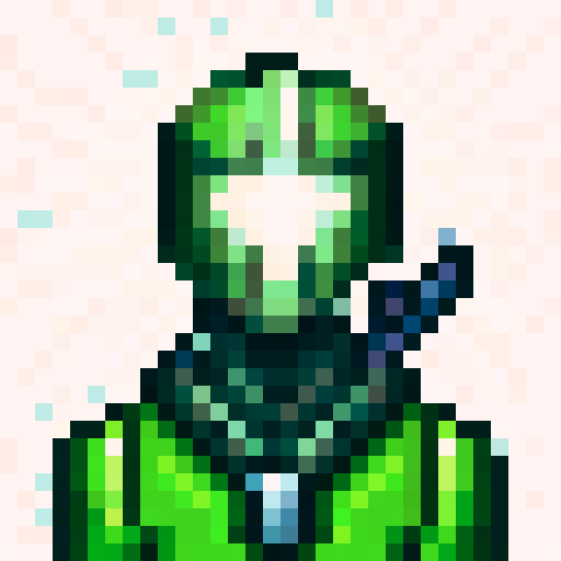 armoured knight, shining silver, intricate details, battle-worn, fierce expression, heroic stance, glowing red eyes, weathered leather straps, polished steel plates, engraved symbols, shadowed background, dramatic lighting, pixelated beauty, limited color palette, captivating pixel art