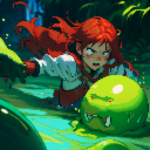 hero sinking into slime, hero drowning in slime, hero has red hair, hero has silver armor, reaching up, panic, sinking deep into slime