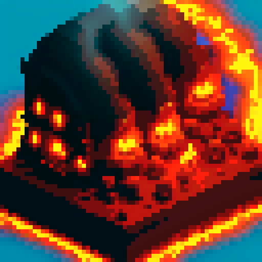 A raging inferno engulfs a tiny metropolis, with sinister skulls appearing in the flames and their ghostly visages haunting the smoke, all rendered in vibrant pixel art