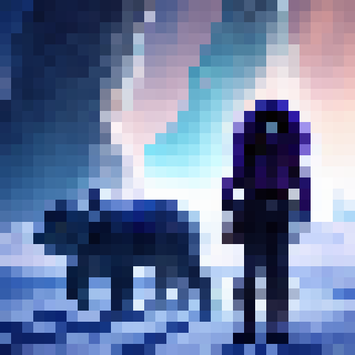 Nerdy woman, bundled in a puffy coat, braves the frozen tundra on a fantastical yeti steed, exploring a mysterious sci-fi world with otherworldly ice sculptures and a mystical aurora borealis painting the sky.
