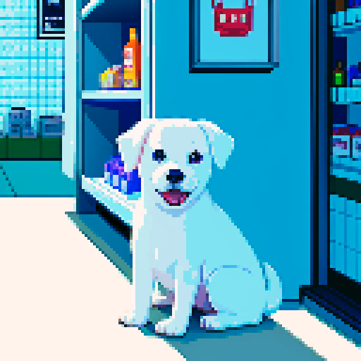 Wide-eyed scared white dog inside a convenience store, looking at viewer, next to shelves