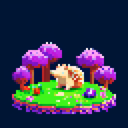 Pixelated hedgehog in the foreground, background a purple forest, clear purple sky above