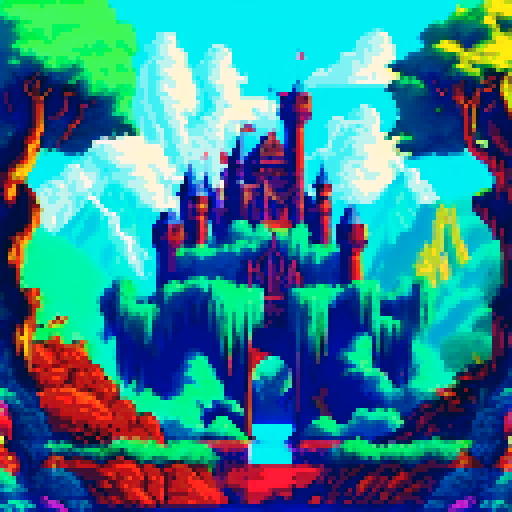 Gothic castle looming over misty mountains, surrounded by lush forests and cascading waterfalls, with a moat filled with shimmering blue water and a grand entrance adorned with golden gates