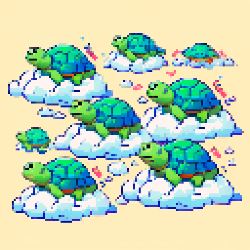the pixelated green turtles have no choice but to flee on their pixelated clouds.