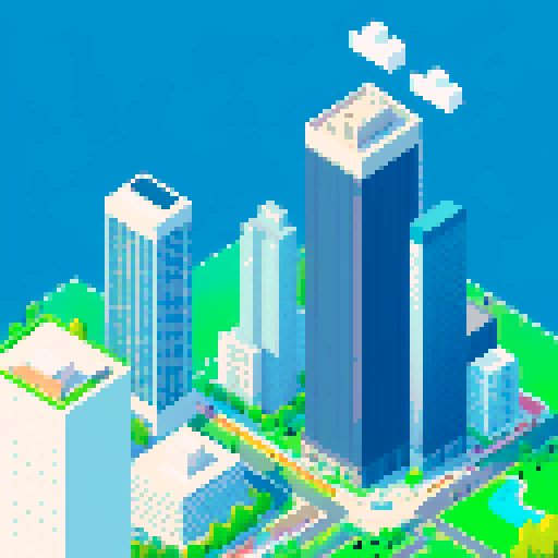 Isometric view, Large city, tall skyscrapers, many buildings, green grass parks, bird's eye view