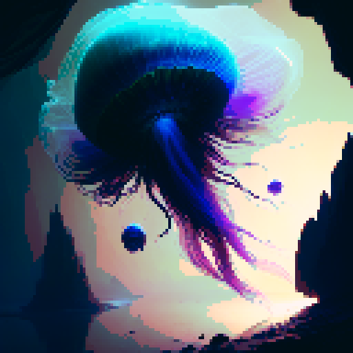 Glowing holographic jellyfish, ethereal and translucent, floating gracefully in a dark, mysterious realm, their tendrils adorned with intricate, iridescent patterns, reminiscent of a fantasy RPG