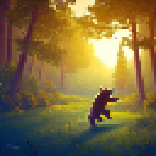 a bear wearing headphones, jumping with its arms in the air, sunset and trees in the background, pixel art, dramatic --ar 9:16 --s 750