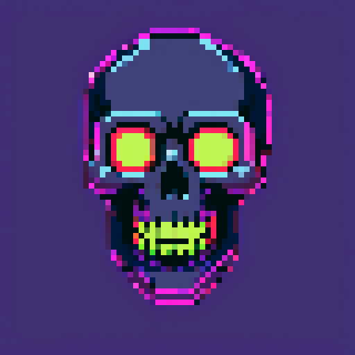 gruesome skull, black background, neon eyes, pixel art, sRGB