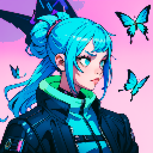 Girl with blue hair and blue butterflies floating around her a cyberpunk background behind her, aetherpunk, neofuturism 