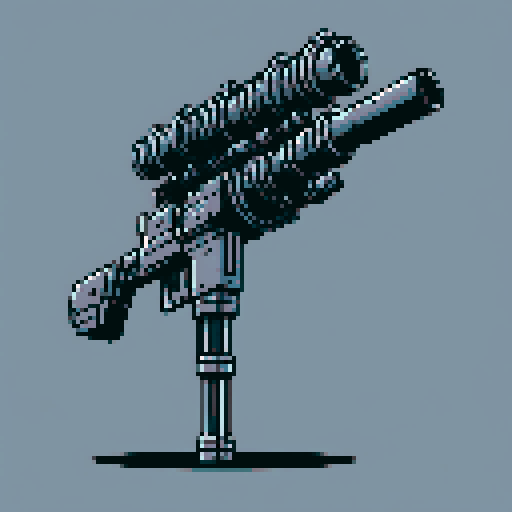 I want to see a simple minigun with 8 barrels floating in the center of the frame. It should have strange mechanical details that could interlock with others. I want this object usable an asset in a videogame, meaning only one object per image, outlined with a strong black stroke, on a solid-color background. 