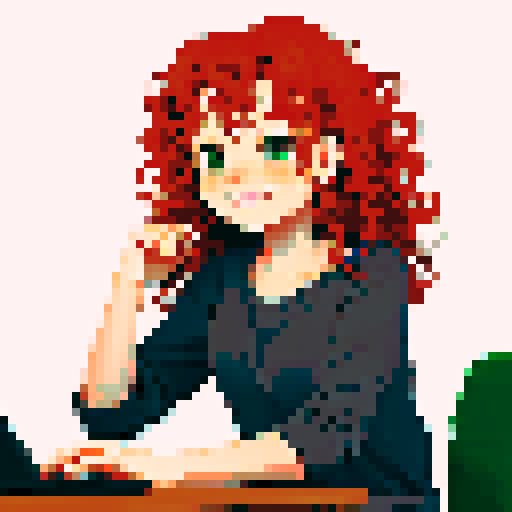 cute, curly redhead with green eyes, grey cat sitting next to her, smiling, sitting at a gaming desk, pixel art, sRGB
