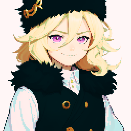 visual novel sprite,  solo male, straight-on, inframe, facing viewer, perfect anatomy, looking at viewer, manly, round pupils, best quality, very aesthetic, {{{{{blonde eyelashes}}}}}, light blonde, smile, closed mouth, light pink eyes, tareme, hair between eyes, ushanka hat, black fur collar, visual novel sprite, black vest, puffy sleeves, black elbow gloves, solo male, waist  and up, straight-on, inframe, round eyes, facing viewer, full body, big hair, short hair, perfect anatomy