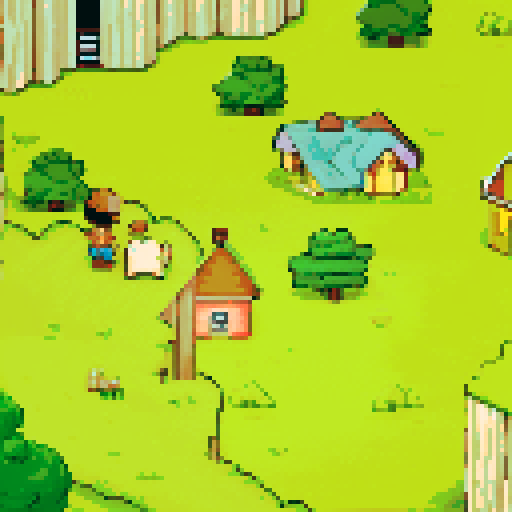 Green valley, odd houses with ribbons, boy with striped shirt and baseball cap, mole with ribbon