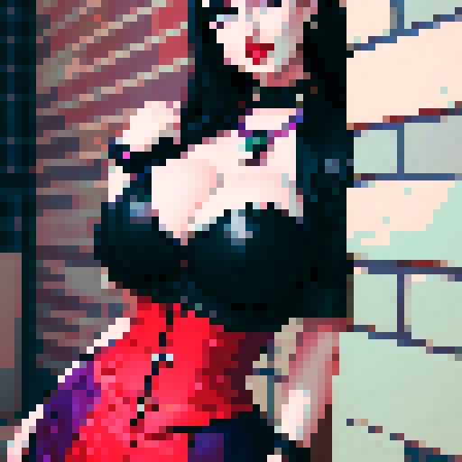 curvy, busty goth woman, black hair, purple eyeshadow, red lipstick, studded leather collar, corset, vibrant sega genesis color palette, pixel art brick wall