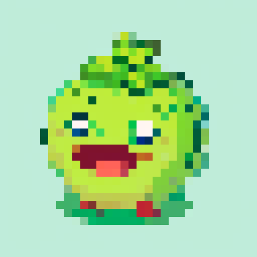 A tiny plant-like creature with a leafy body, bright green skin, and small flowers growing from its head. It has big, round eyes and a cheerful expression, with roots as feet.
