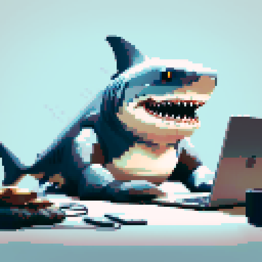 shark with sharp teeth, blue laptop screen reflecting its eyes, pixelated waves crashing in the background
