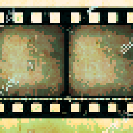 Create a pixel art scene depicting an unspooled film strip. The film strip should be laid out in a random, slightly tangled fashion with no reel visible. The strip should have evenly spaced rectangular frames, some showing classic movie scenes in a pixelated style. Ensure the background is plain and does not distract from the film strip. Use a limited color palette to maintain the pixel art aesthetic, focusing on shades of black, white, and gray for the film strip, with subtle hints of color in 