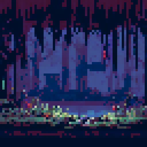 Abandoned, decaying indoor playground surrounded by ominous trees and overgrown vines, with rusted, toys scattered throughout the eerie landscape in a pixelated horror art style with darkness