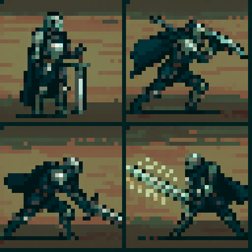 Knight in silver-gray armor, dark blue cape, large sword, 4 frames: Ready stance - standing sideways, sword handle in hands, sword tip touching ground vertically, Starting swing - body leaning forward, sword raised backwards and upwards, Powerful slash - body rotating 90 degrees, sword swiping horizontally, Ending pose - sRGB, pixel art, speed lines special effect
