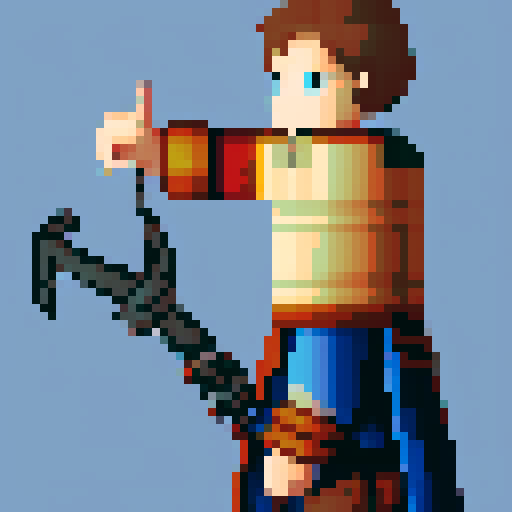 Knight in shining armor, standing tall with auburn locks and piercing blue eyes, brandishing a pixelated sword in his hand as if ready to embark on a journey