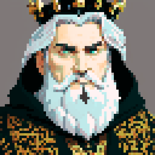 king, regal, black metall crown, black crown, majestic, stoic expression, sharp features, beard, silver accents, silver royal robe, intricate embroidery, game icon, 32x32 pixel art, sRGB, skill art, close up, portrait, golden hairs, detailed