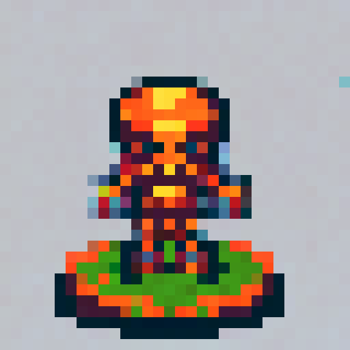 Skeleton warrior sprite holding a glowing sword, standing on a mossy stone platform surrounded by bubbling lava and ominous shadows