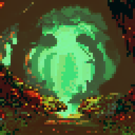 foggy cave entrance, moss-covered stalactites, dimly lit, eerie atmosphere, winding path, ancient rock formations, ethereal glow, pixelated fog, sRGB color palette, pixel art style, detailed background, misty landscape