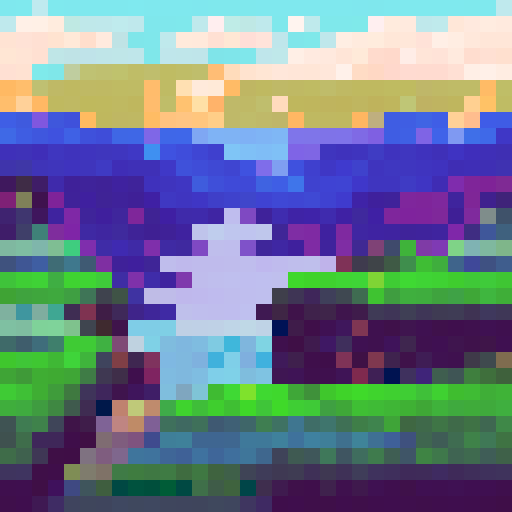 side view, green grass, sky occupies 2/3 of the picture, pixel art, sRGB, clouds in the sky, computer game from 1980, landscape background