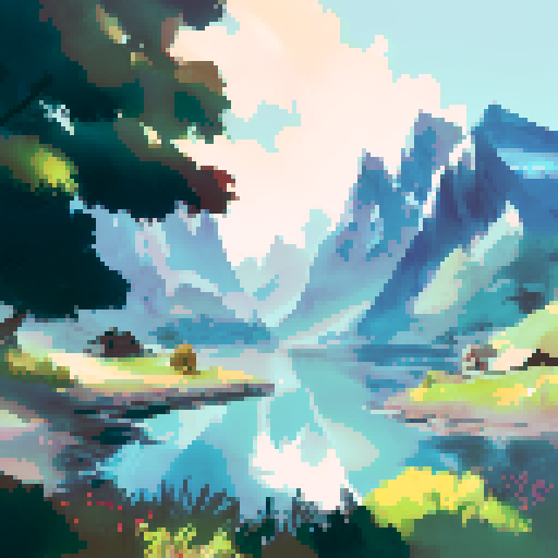 One huge mountain, sunset, beautiful scenery, fantasy, tree in front right