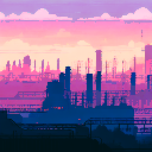 Towering smokestacks belching thick black smoke against a pastel sunrise, surrounded by factories with neon-glowing signs reflecting in a murky river