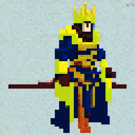 King with blue cloak, gold crown, sitting on a throne, holding a scepter, surrounded by knights in armor, pixel art, sRGB.