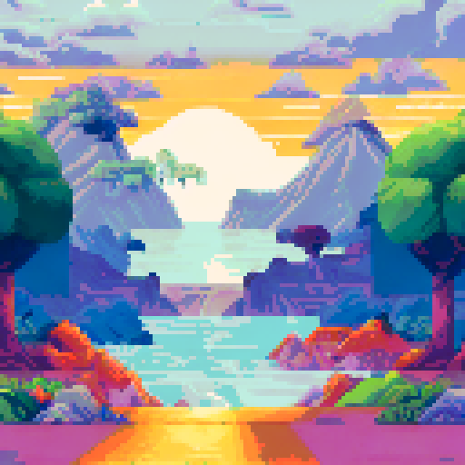 Vibrant sunset, towering mountains, lush green meadows, serene lake, pixelated trees, sRGB color palette, detailed pixel art, scenic background, picturesque landscape