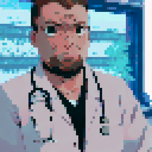 Doctor md, serious expression, green eyes, stethoscope around neck, white lab coat, tousled brown hair, anime-style character portrait, close-up, pixel art