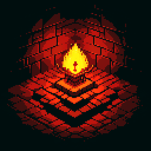Pixel art flames flickering on a blood-red, cracked, stone floor, with eerie shadows dancing under dim, flickering torchlight in Satan's lair