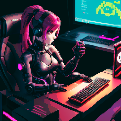 cute cyberpunk scorpion with human head, human head is from anime inspired character with vibrant hair, expressive eyes, and a playful smile, scorpion is playing computer games, tables with potato chips and coca cola, scorpion's tail should be fully in the picture