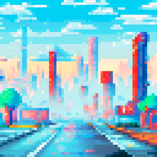 Red City, towering skyscrapers, futuristic architecture, glowing neon signs, bustling streets, Martian landscape, red sand dunes, crimson sky, pixelated buildings, vibrant colors, sRGB palette, sci-fi metropolis, otherworldly atmosphere,  digital art style