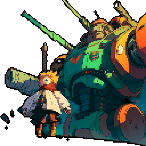fat mad scientist, facing left, full-body image, exaggerated features, pixelated details, giant robot, mechanical limbs, robot workshop backdrop, sRGB color palette