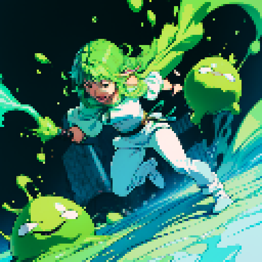 slime surging up around someone, slime engulfing a hero, slime consuming a hero, hero getting engulfed by slime, slime attack, dynamic, slime slamming into someone, impact, splashing slime, full-body image, full-body art, black hair, white outfit